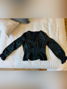 Express Dark Green Peplum Button-Front Blouse